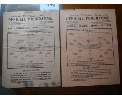 Arsenal v QPR Wartime Football Programmes: Single sheets from 41/42 very good + 44/45 fair. (2)