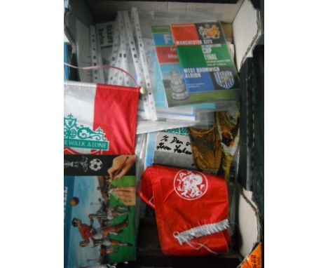 Football Memorabilia Box: Wide variety of items including Liverpool pennant, Ajax silk scarf, programmes, newspapers, plastic