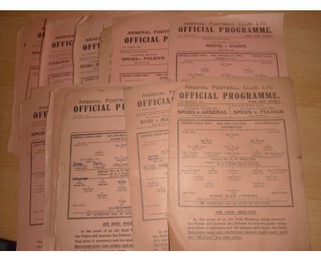 War Time Arsenal Home Football Programmes: All are single sheet salmon coloured programmes. 42/43 x 2, 43/44 x 3, 44/45 x 12 