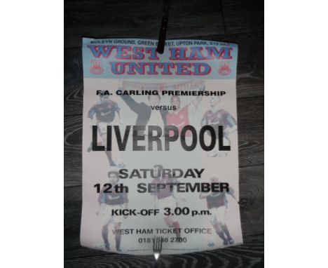 1998 West Ham v Liverpool Match Poster: Large poster dated 12 9 1998 advertising Premiership match. Decorative poster with pi
