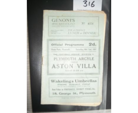 37/38 Plymouth Argyle v Aston Villa Football Programme: Good condition 24 page programme with no writing dated 2 10 1937.