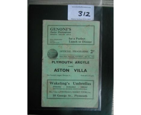 36/37 Plymouth Argyle v Aston Villa Football Programme: Good condition 24 page programme with no writing dated 10 10 1936.