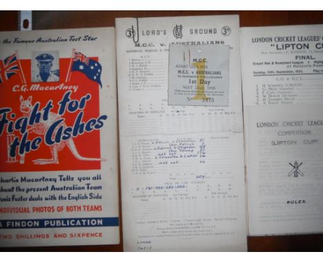 1948 MCC v Australia Cricket Memorabilia: One of the memorable Ashes tours. A first day ticket for MCC v Australia with score