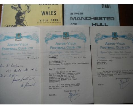 Aston Villa Football Memorabilia:  Three mid 50s signed letters on headed paper together with two programmes played at Villa 