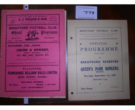 1930s Brentford v QPR Football Programmes: 32/33 first team is fair to good with no writing but has splitting to spine and 38
