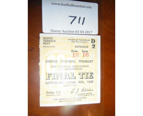 1938 FA Cup Final Football Ticket: Huddersfield Town v Preston in near mint condition.