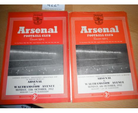 Arsenal v Walthamstow Avenue Football Programmes: London FA Cup dated 6th + 13th October. No team changes to either. Good (2)