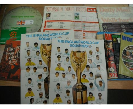 1970 World Cup Football Memorabilia: Includes Wallchart, England LP record, Complete coin set, Magazines, 2 x Esso Squad post