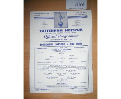 60/61 Tottenham v The Army Football Programme: Very rare single sheet from double season dated 24 10 1960. Near mint conditio