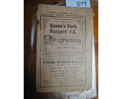 1911/1912 QPR v Swindon Football Programme: Incredibly dated 11/11/11 an 8 page programme without team changes but condition 