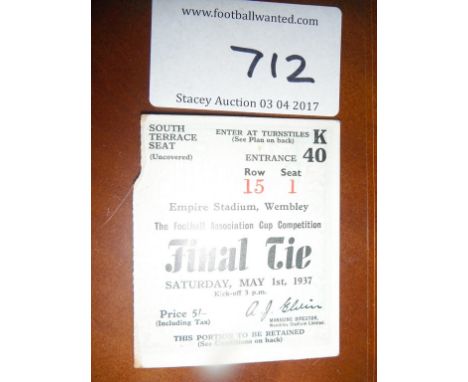 1937 FA Cup Final Football Ticket: Sunderland v Preston with tiny piece missing off perforations but not affecting any text. 