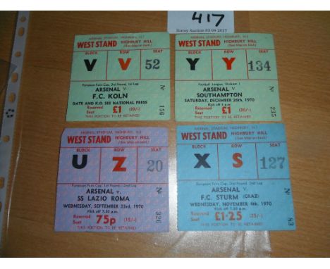 Arsenal 70/71 Home Football Tickets: Double season tickets v Southampton, Roma, Sturm Graz + F C Koln. Good. (4)