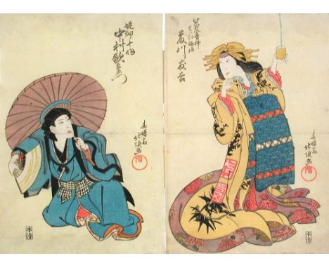 Hokucho, a mid 19th century quadych and a diptych wood block print together with two others in the style of Hokusai, each she