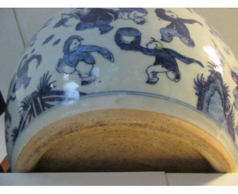 A blue and white fish bowl, the rounded exterior painted with children playing below a chevron rim band, 42cm (16.5 in) diame