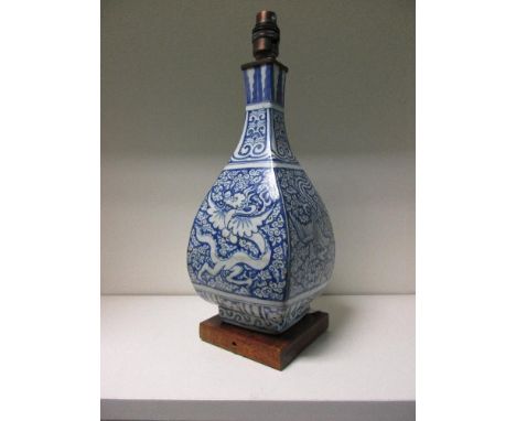 A blue and white vase, possibly period of Wanli, the bottle shape of square section and painted with alternating panels of dr