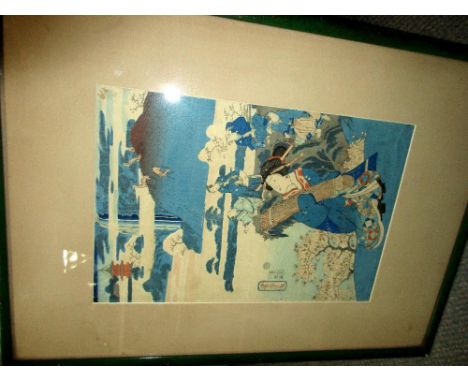 Yoshitora, a mid 19th century woodblock print depicting a lady with a koto in the foreground with a group of men drinking sak
