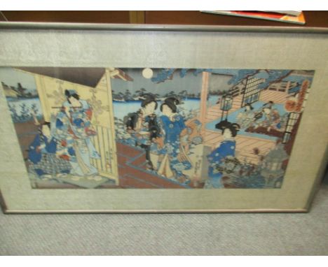 Kunisada as Toyokuni III (1786-1865), a wood block triptych of ladies on a terrace listening to a man playing a flute under t