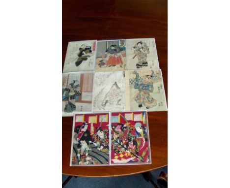 A diptych and six other mid 19th century wood block prints, the diptych by Kunishige depicting named warriors, the Kuniharu o