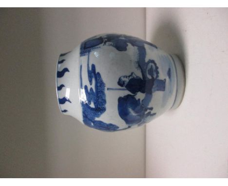 A Kangxi style blue and white vase, the ovoid body painted with a group of dignitaries gathered below a willow tree and greet