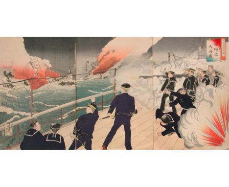 Migita Toshihide (1862-1925), a triptych wood block print from the Sino Japanese war, depicting an officer on horse back on t