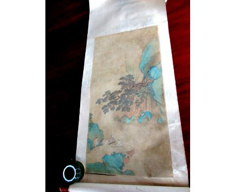 A 19th century scroll painting depicting a scholar playing the koto before a waterfall flowing under a pine tree, another rec