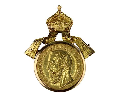 10 Reichsmark in Gold, Friedrich Großherzog von Baden 1873, Buchstabe G, Gewicht 3,98 g, 900er Gold, mit 585er Gelbgoldfassun