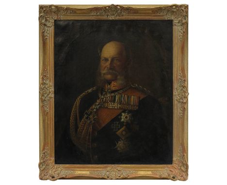 Portrait Kaiser Wilhelm I, 1887, Brustbild des Kaisers in prachtvoller Uniform mit zahlreichen Orden, Öl auf Leinwand, re. mi