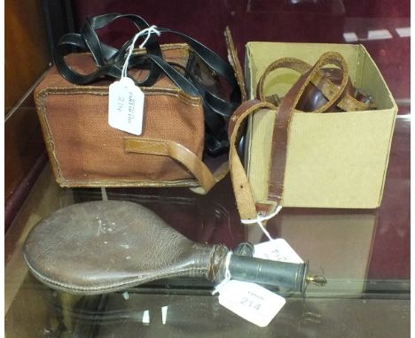 A 19th century leather shot flask with detachable scoop, 23cm, a Koroll II camera in case and a Coronet Twelve-20 camera, (3)