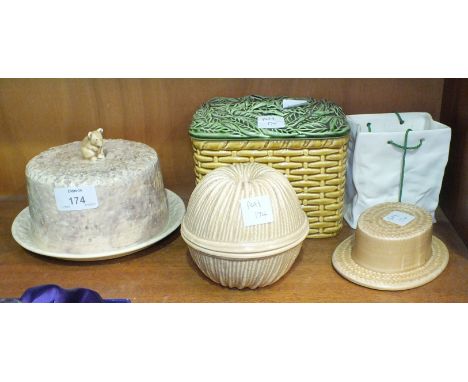 A SylvaC circular cheese dish and cover with mouse finial, 17cm diameter, a ball of string holder, 6005, a woven basket with 