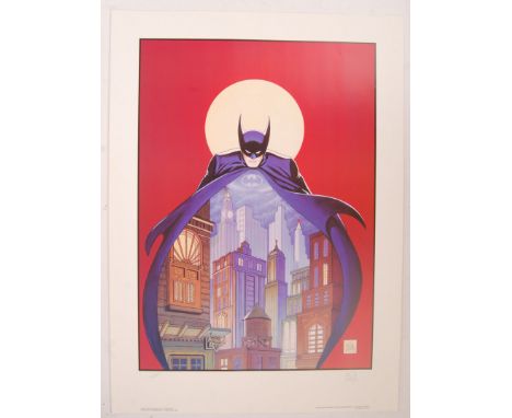 A rare ' Night Vigil Over Gotham ' Batman large lithograph print, by Batman co-creator Bob Kane. Signed to the margin in penc