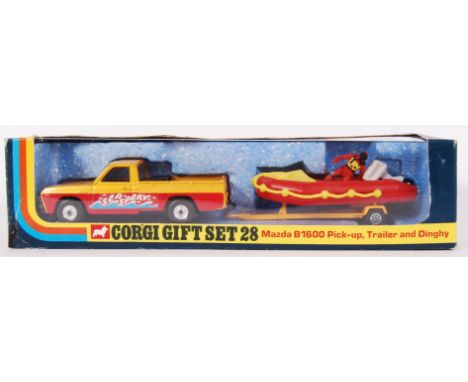 An original vintage diecast model Corgi Gift Set 28 ' Mazda B1600 Pick-Up, Trailer and Dinghy .' From an ex-shop-stock collec