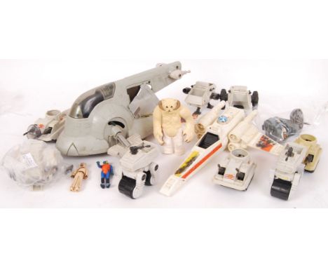 A collection of assorted loose original vintage Star Wars action figures and vehicles. To include Wampa, Slave 1, X Wing, Min