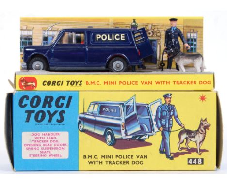 A rare Corgi Toys ex-shop-stock diecast model set 448  'BMC Mini Police Van With Tracker Dog .' In remarkable condition, the 