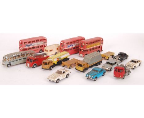 A collection of 14x original vintage Tri-ang Minic Motorway vehicles - 3x Routemaster buses, Jaguar, Fire Engine, Coach etc. 