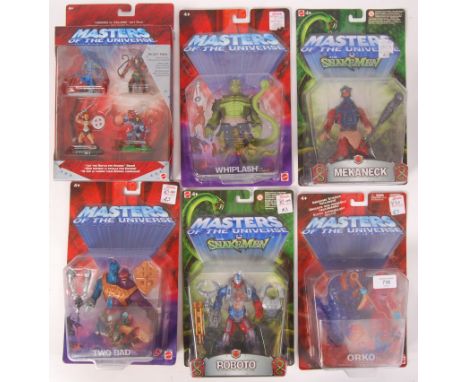 A collection of 6x Mattel reissue Masters Of The Universe MOTU carded action figures. Comprising of: Mekaneck, Whiplash, Two 