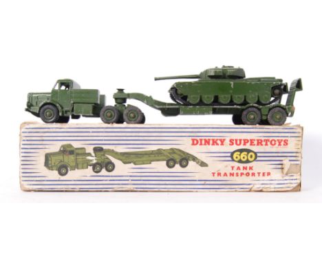 An original vintage Dinky Supertoys diecast model No. 660 Tank Transporter. Within the original box. Comes with Dinky 651 Cen
