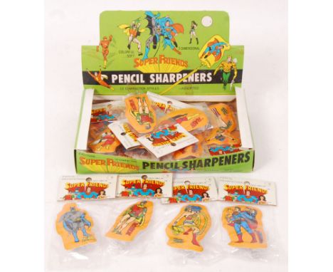 A rare 1980's counter top display stock box of ' Super Friends Pencil Sharpeners .' Featuring the original box depicting the 