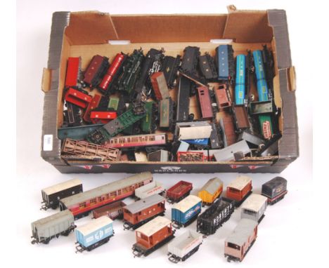 A large collection (likely 50+) 00 gauge rolling stock and related pieces. Mostly Hornby, but some Triang Hornby, Airfix, Lim