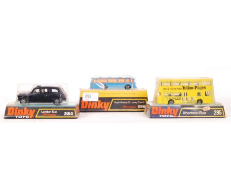 A collection of 3x vintage 1970's Dinky diecast models, all transport related. To include; 295 Atlantean Bus with Yellow Page