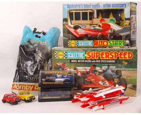 A collection of Scalextric items to include; Superspeed Set (complete), Autostart set, 2x boxed cars (March Ford and Ligier J