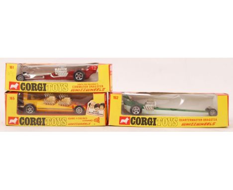 A collection of 3x vintage Corgi Whizzwheels Dragster diecast model cars. To include; 162 Quartermaster Dragster, 161 Commute