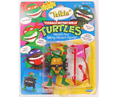 An original vintage Playmates Teenage Mutant Ninja Turtles 'Talkin' carded 28 back action figure of Raphael. The figure still