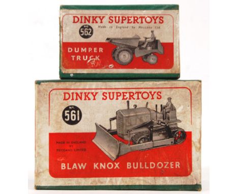 Two vintage Dinky Supertoys diecast models; 562 Dumper Truck (box with card insert topper) and 561 Blaw Knox Bulldozer (box a