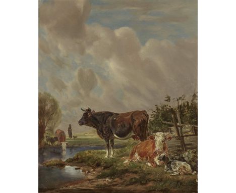   Johann Friedrich Voltz  Johann Friedrich Voltz   1817 Nördlingen - 1886 München      Kühe und Ziege am Wasser    R. u. sign