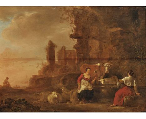   Nicolaes Berchem  Nicolaes Berchem   1621/22 Haarlem - 1683 Amsterdam      Abendliche Ruinenlandschaft mit rastenden Bauern