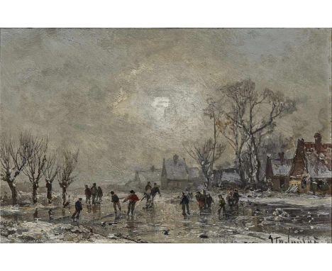   Adolf Stademann  Adolf Stademann   1824 München - 1895 ebenda      Winterliches Eisvergnügen    R. u. signiert. Öl auf Holz