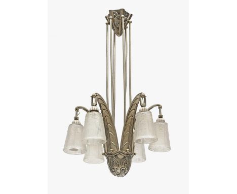   Art-Déco-Lampe  Art-Déco-Lampe   Frankreich, um 1930       Weißmetall. Pressglas, ornamental reliefiert. Sechsflammig, sech