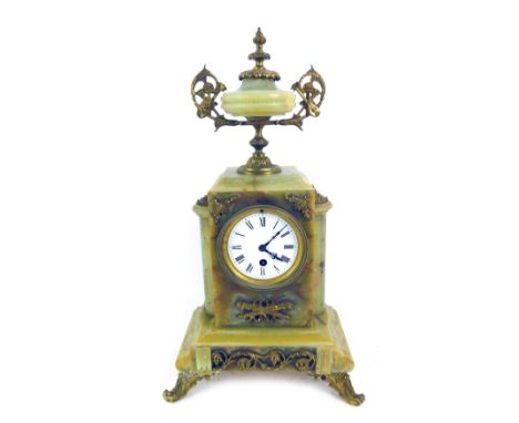 A 19thC green onyx and gilt ormolu mounted mantel clock, with an enamel Roman numeric dial, the case of architectural form, m