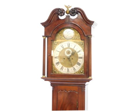 A Georgian mahogany longcase clock, by Joseph Fenn of London, the brass break arch dial, with cherub, floral and dolphin span