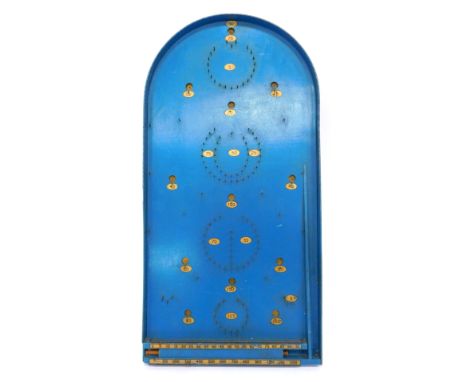 A blue painted vintage bagatelle board, 75cm high, 38cm wide.